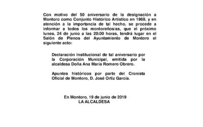 Declaración Institucional 50 Aniversario Conjunto Histórico Artístico de Montoro