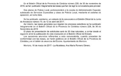 Convocatoria de dos Plazas de Policía Local en Montoro