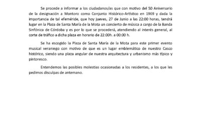 Comunicado del Ayuntamiento de Montoro